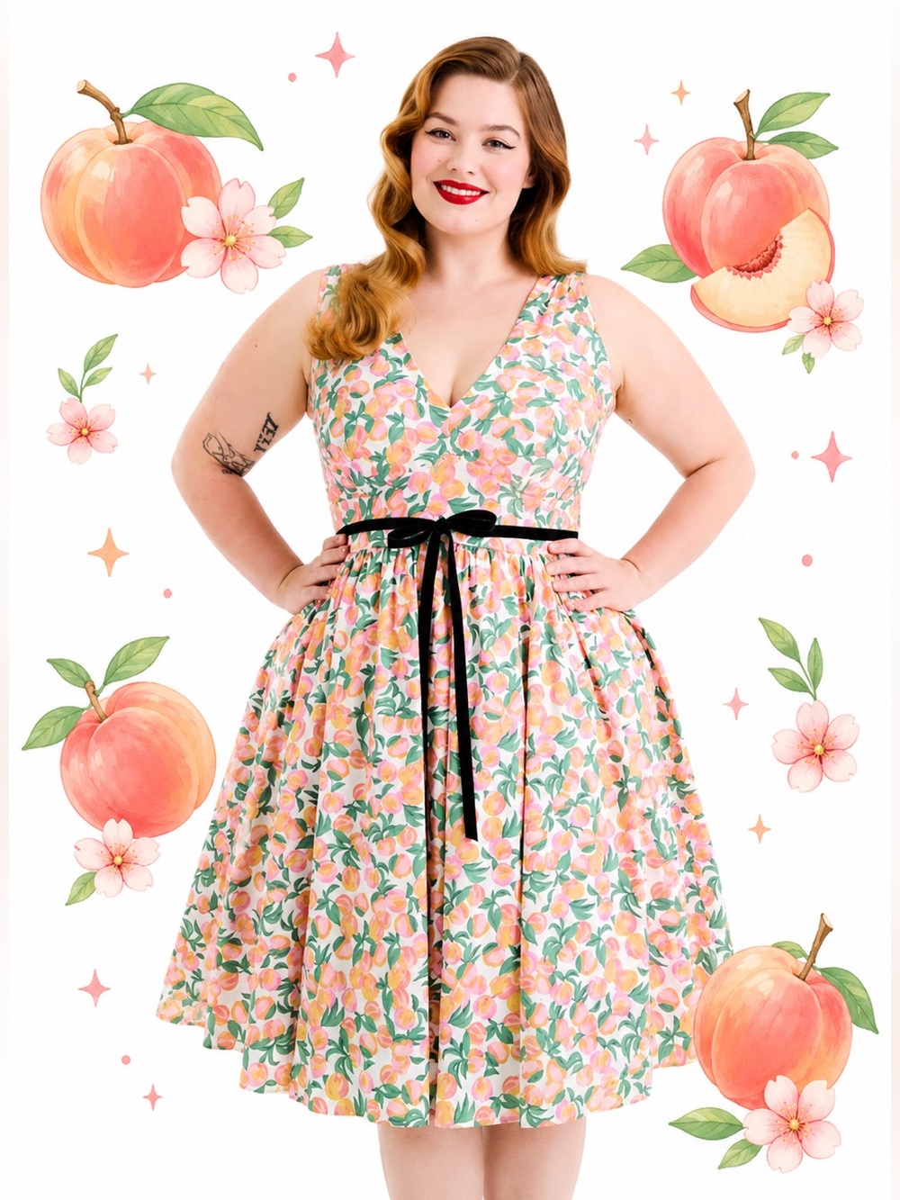 Torrid Retro Chic Pink & Orange Peaches Print Belted Swing Dress, Large, NWT! - Picture 6 of 16